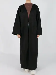 Women's Solid Long Sleeve Open Front Suede Coat, Elegant Long Sleeve Pocket Design Long Coat for Fall & Winter, Women's Islamic Clothing for Daily Wear, Modest Muslim Outfits