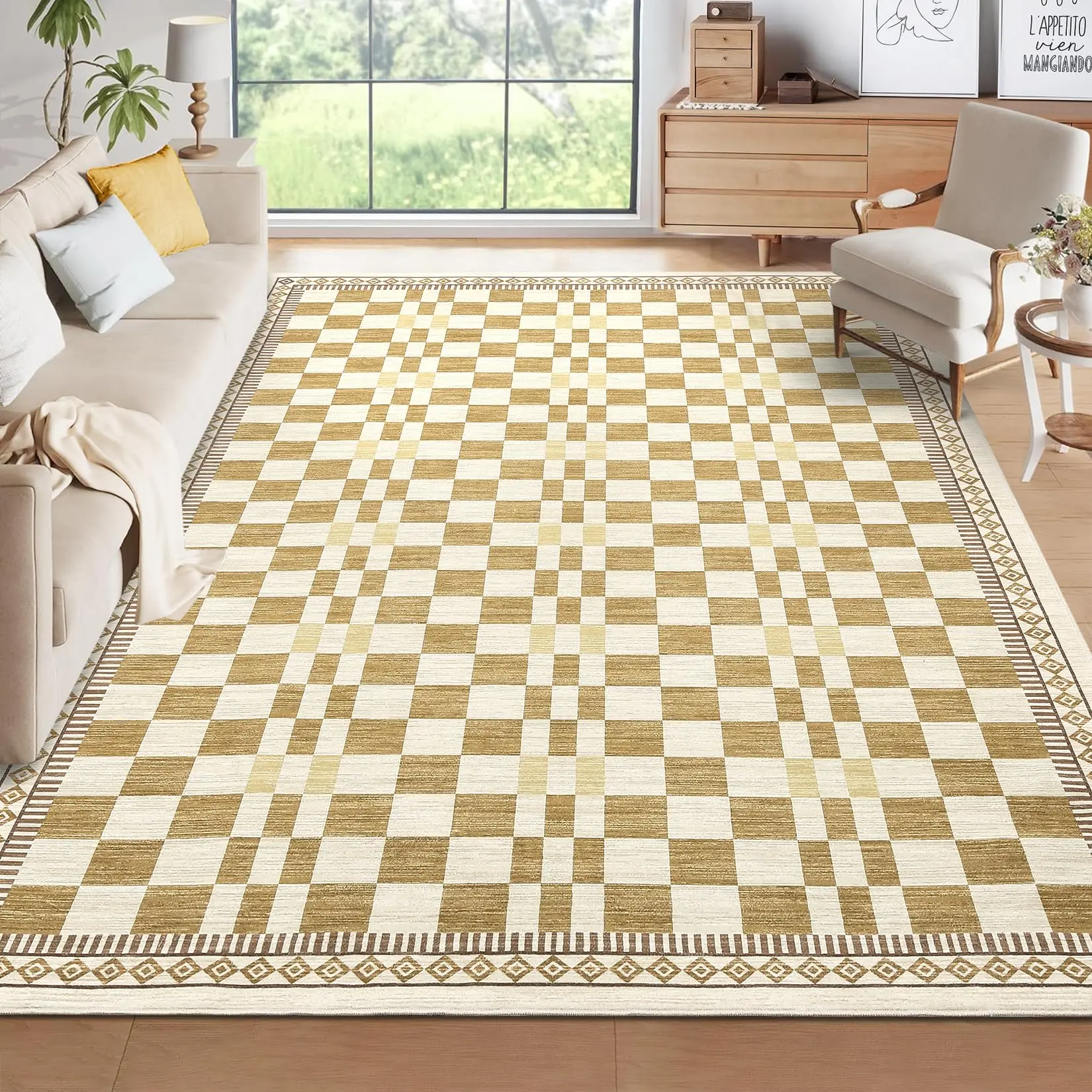 Garvee 5x7 Area Rug for Dining Machine Washable Easy-Clean Carpet Modern Abstract Checkered Rugs Non-Slip Low Pile High Traffic Bedroom Rugs Stain-Resistant Area Rug for Dorm Home Playroom Cream