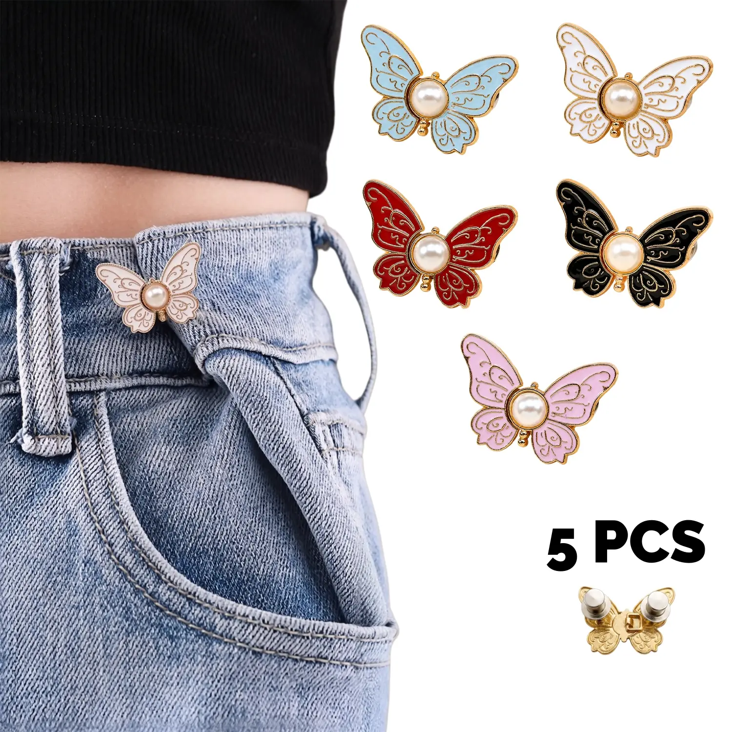 5PCS Women Butterfly Waist Tightener Button Clips, No-Sew Durable Elastic Adjustable Pants Waist Cinch Accessory, Easy Attach Fix For Loose Jeans Skirts & Oversized Clothes For Home Daily Outings, Keep Your Fit Flawless