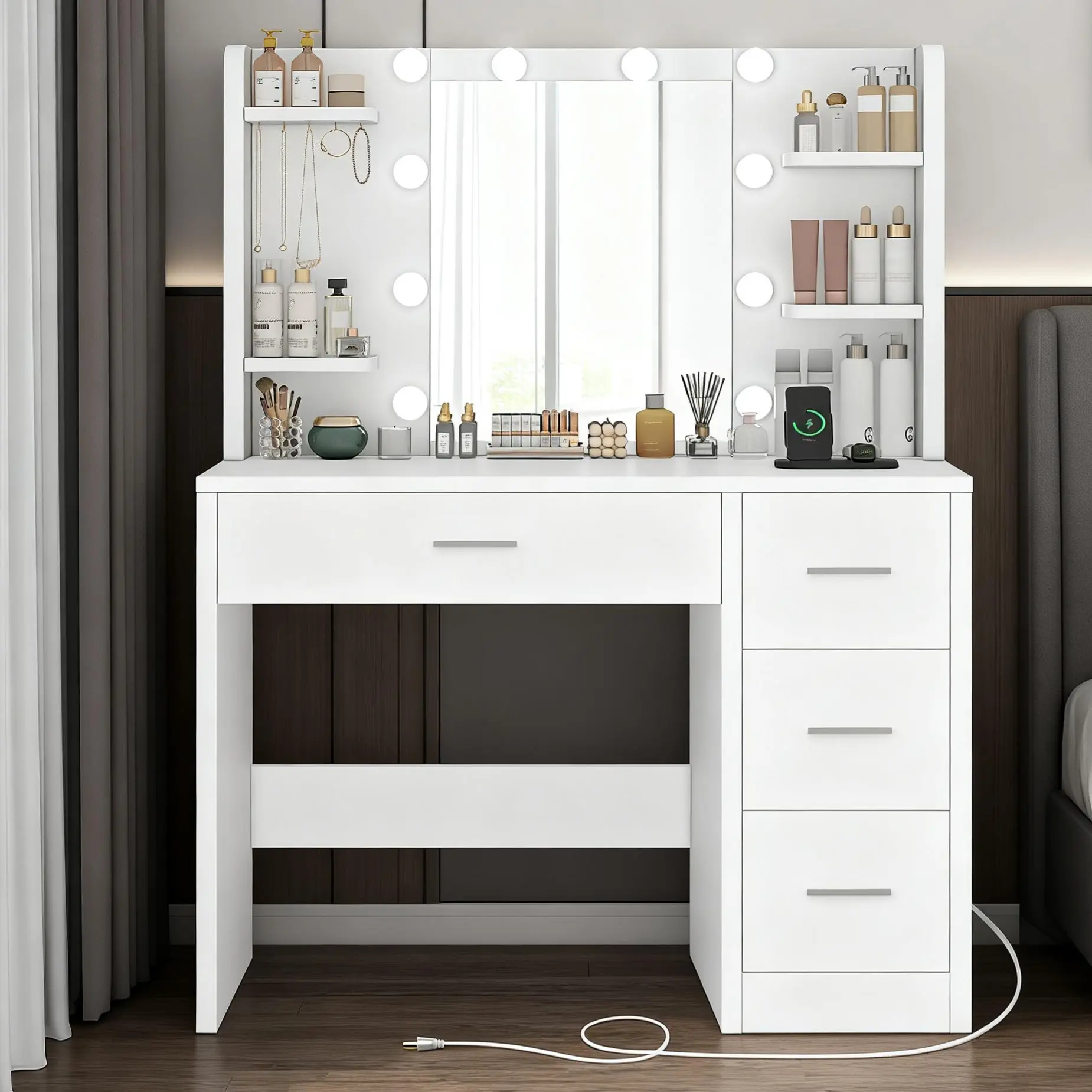 Modern LED Light White Vanity Desk with Power Outlet and Mirror for Makeup & Hair Styling 4 Drawers 3 Color Modes Adjustable Brightness Dressing Table Bedroom, Led Vanity Dresser, Modern Vanity Table