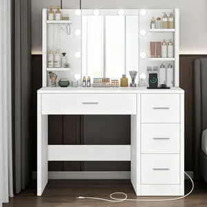 Modern LED Light White Vanity Desk with Power Outlet and Mirror for Makeup & Hair Styling 4 Drawers 3 Color Modes Adjustable Brightness Dressing Table Bedroom