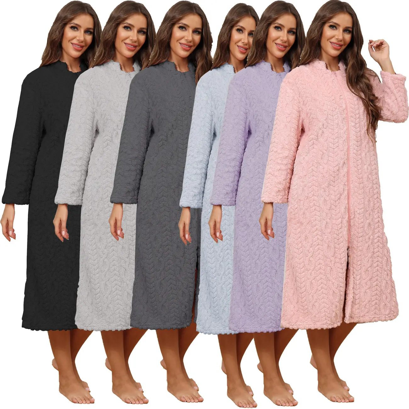 Women's Long Homewear Robe, Warm Fleece Lined Zip-Up