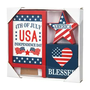 Glitzhome USA Patriotic Americana Wooden BlockTable Signs S/3