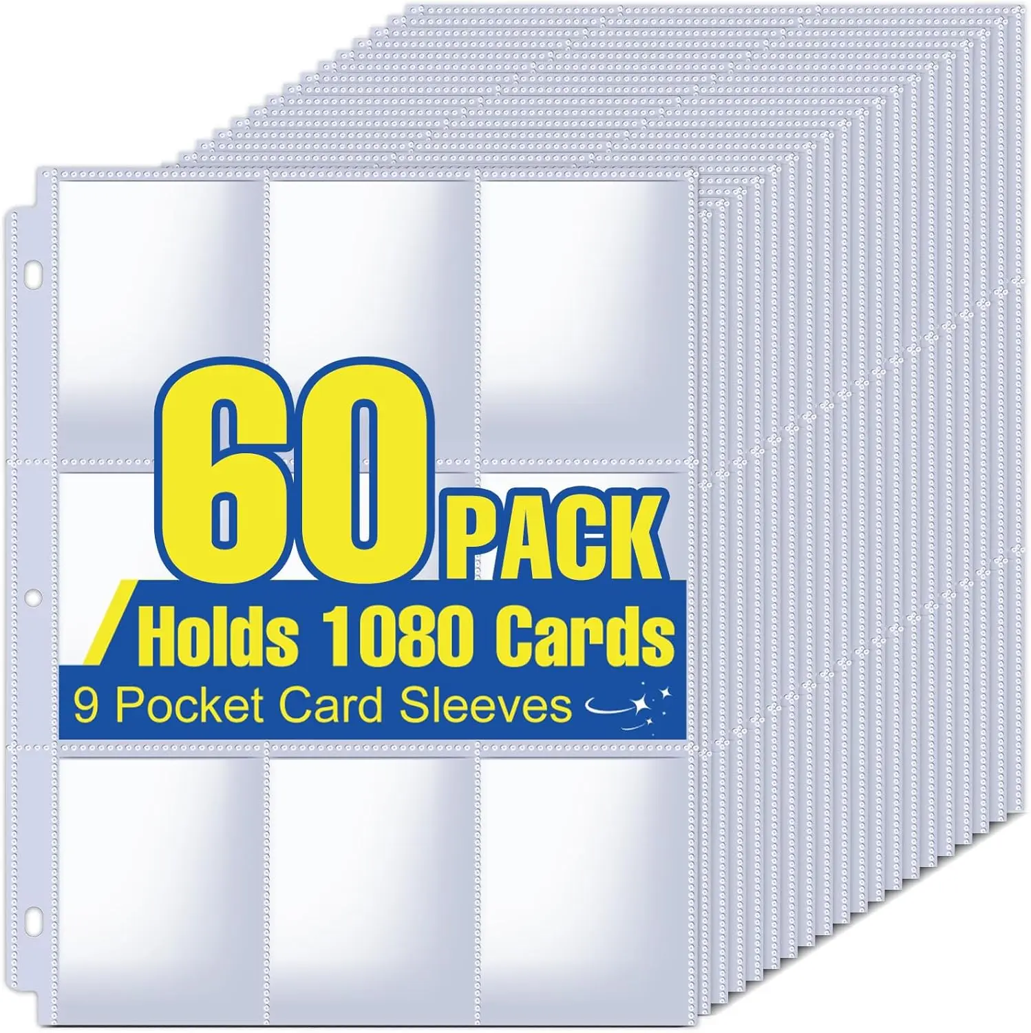 9-Pocket Transparent Acid-Free 3-Ring Binder Sheets, 8.8x11.4" Medium Thickness 60-Page Inserts, Durable Protection & Long-Lasting Storage for Trading Cards, Baseball Cards
