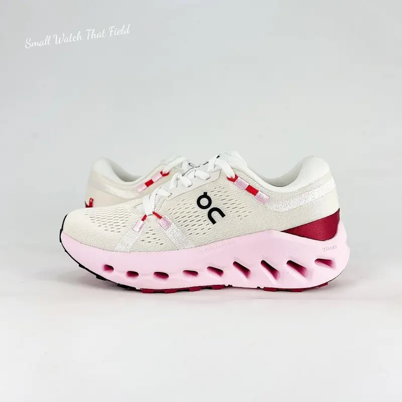 Off White Pink Accent Perforated Mesh Athletic Trainers Shock Absorbing Cutout Midsole Lightweight Outdoor Workout Commute Footwear