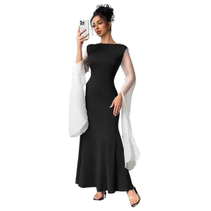 New temperament dress exquisite fashion trend long sleeves weddingguestdress floral  dress  2025 Elegant Fabric Polyester Womenswear Knitted Ruffle Solid Summer Black satin dresses tummy sundress quinceanera dress birthday dress white blue  quince  dress