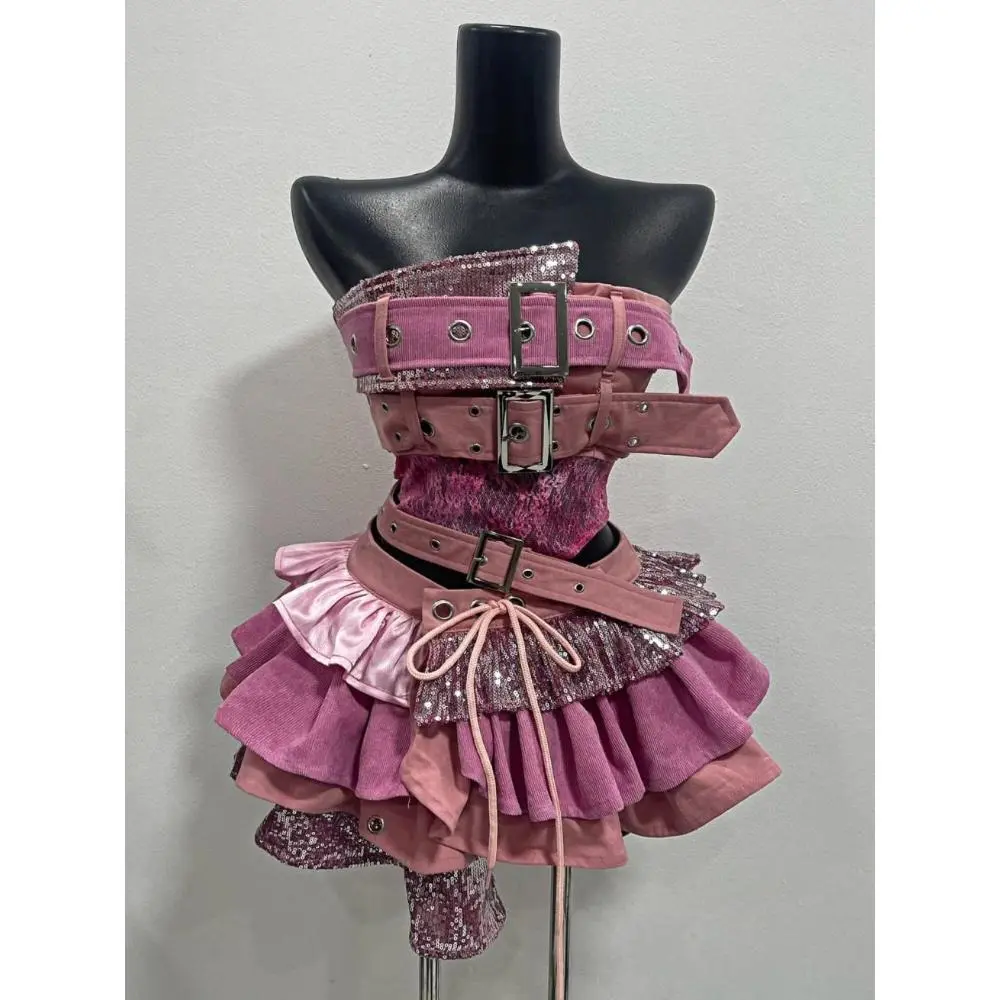 2000s Aesthetic Punk Style Women New 2 Piece Set Sexy Strapless Tops + High Waist Skirt Female Retro Chic Korean Popular Clothes