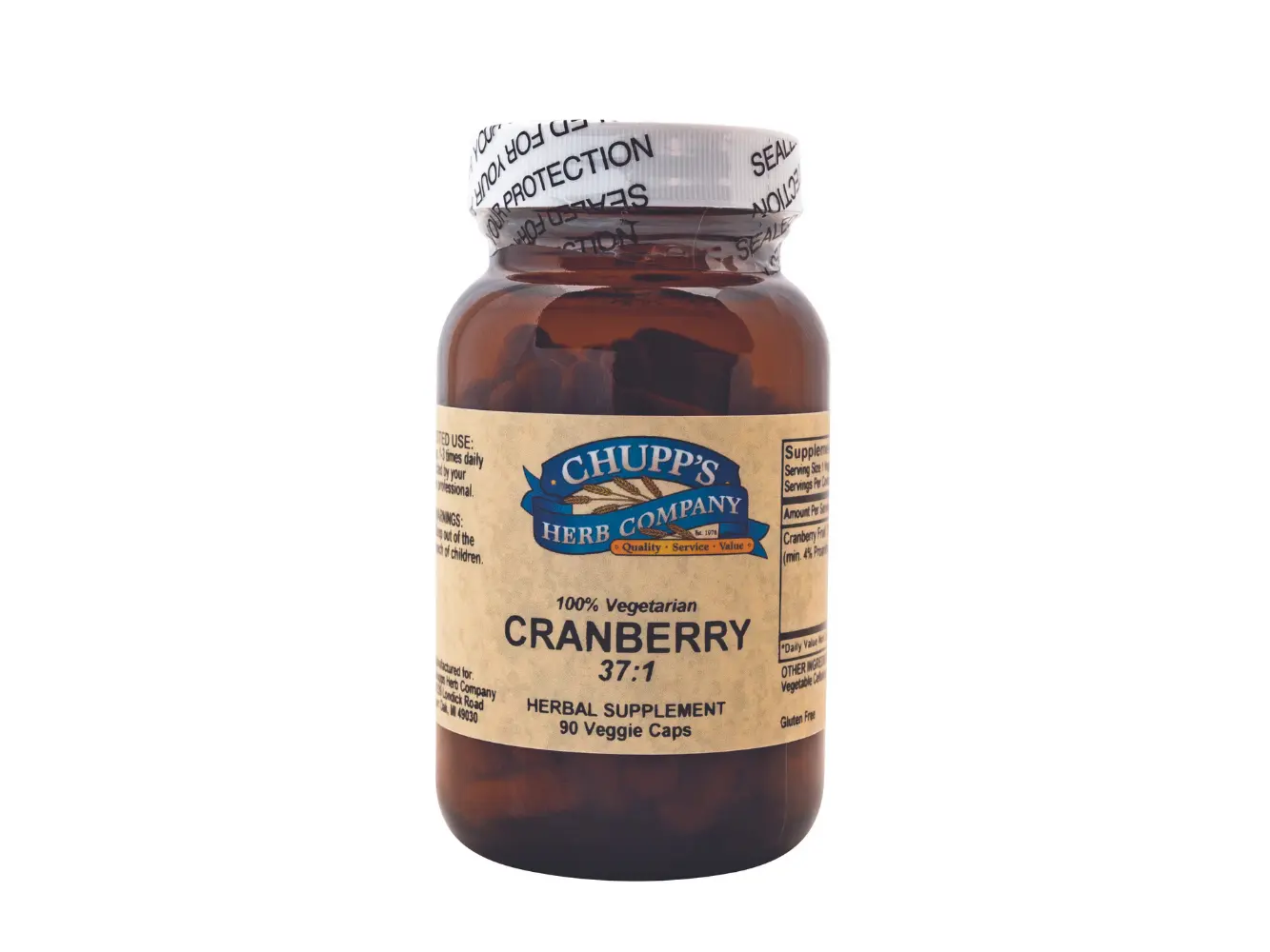 Chupp's Herb Company Cranberry 37:1 Natural Bladder Health Support No Added Sugar or Gluten Maximum Support Herbal Supplement 90 Veggie Caps