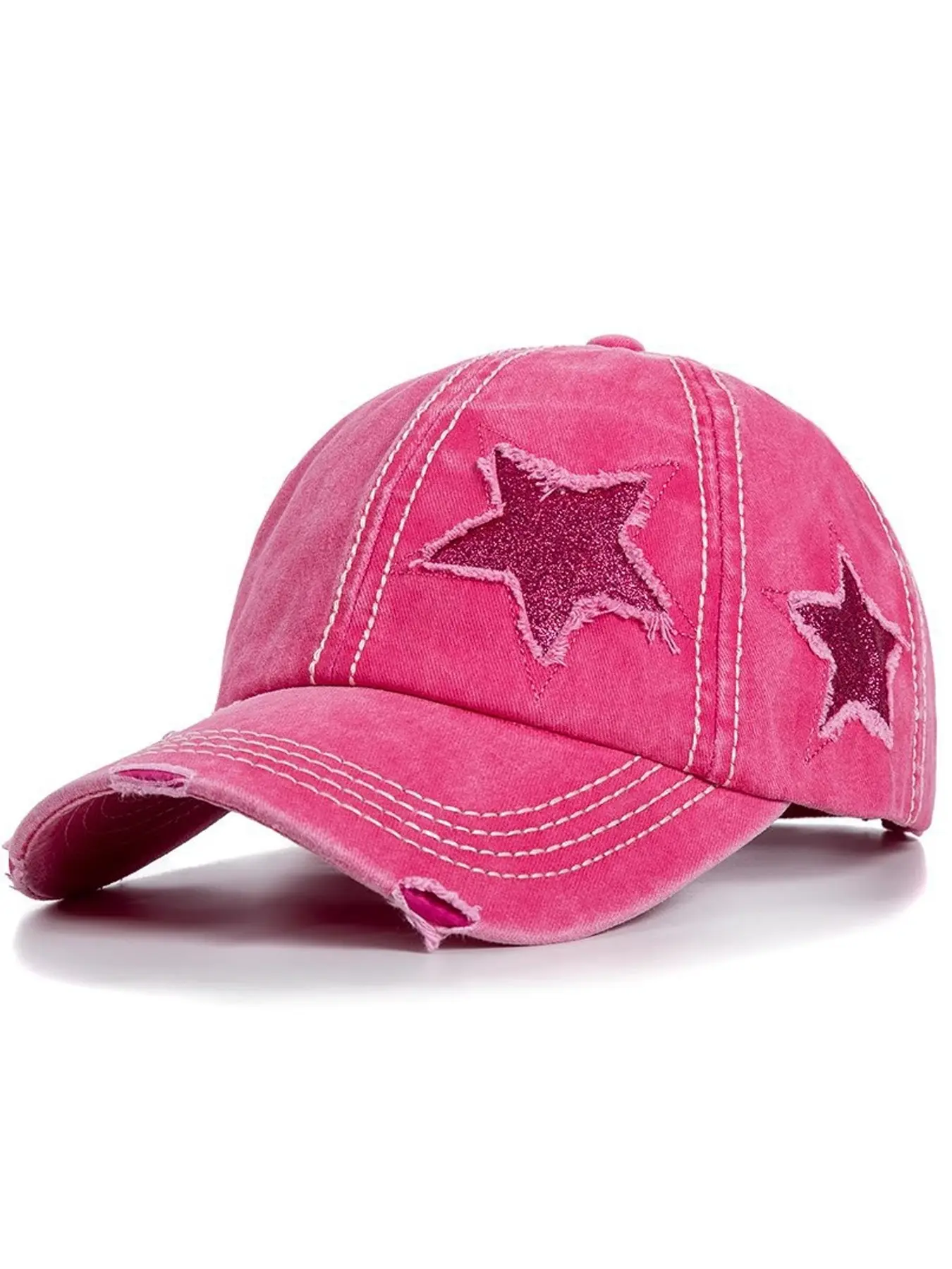 Distressed Washed Baseball Cap with Glitter Star Patch, Adjustable Ponytail Dad Hat for Women, Stylish and Comfortable Headwear