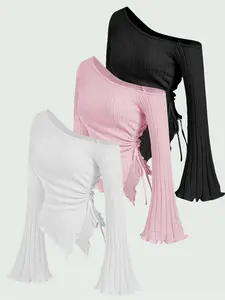 New Fashion Elegant Solid Color Women's Long Sleeve T-Shirt Set, Slim-Fit Casual Style, Fall & Winter Moderate Fabric, 3-Piece