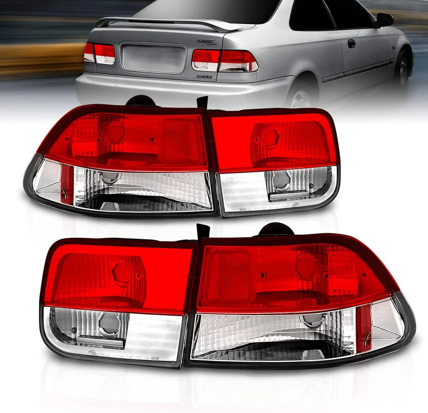 AmeriLite For 1996-2000 Honda Civic Coupe Crystal Clear Red Replacement Brake Tail Lights 4 Pieces Set - Passenger and Driver Side