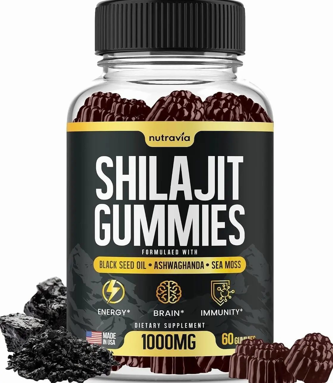 Shilajit Gummies - 3 in 1 with Sea Moss, Black Seed Oil, Ashwagandha - Natural Formula Shilajit Supplement 85+ Trace Minerals, Pure Himalayan Shilajit Gold Gomitas De Shilajit, USA Made (60 Gummies)