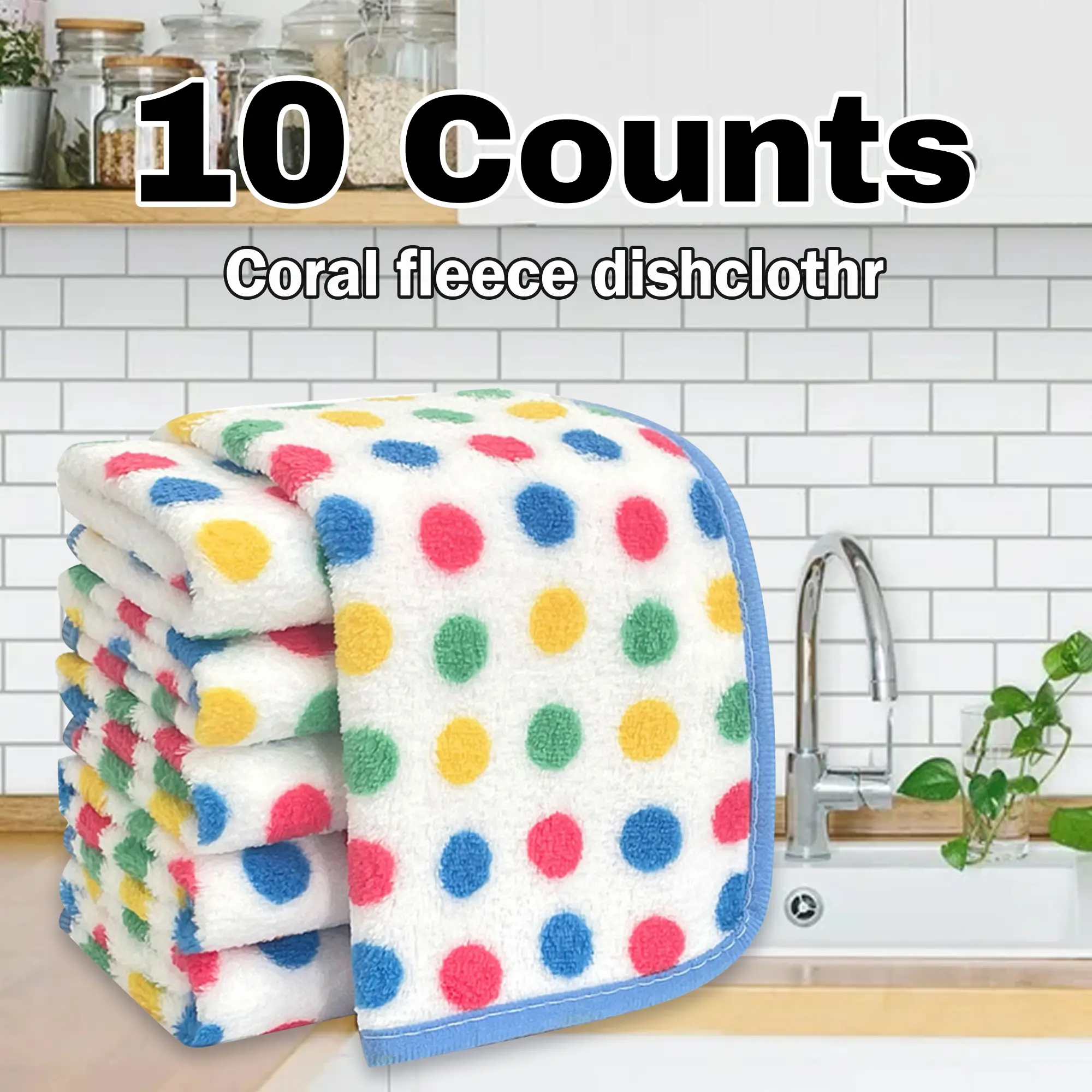 10-Count Thick Soft Polka Dot Kitchen Towels - Hangable, Water Absorbent, Reusable Cleaning Cloths for Dishwashing, Home Supplies Essential, Rectangular
