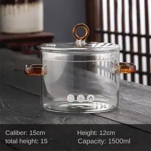 Transparent Nonstick Soup Pot Heat Resistant Dual Handles 1500ml/ 1.5 quarts Glass Cookware