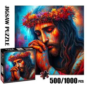 1pc 1000 piece adult Jigsaw Puzzle 58x58cm Man with Floral - Thorned Crown in Prayerful Pose 500 pieces of paper puzzle, suitable for adults and families, large-scale DIY puzzle interactive toy games,