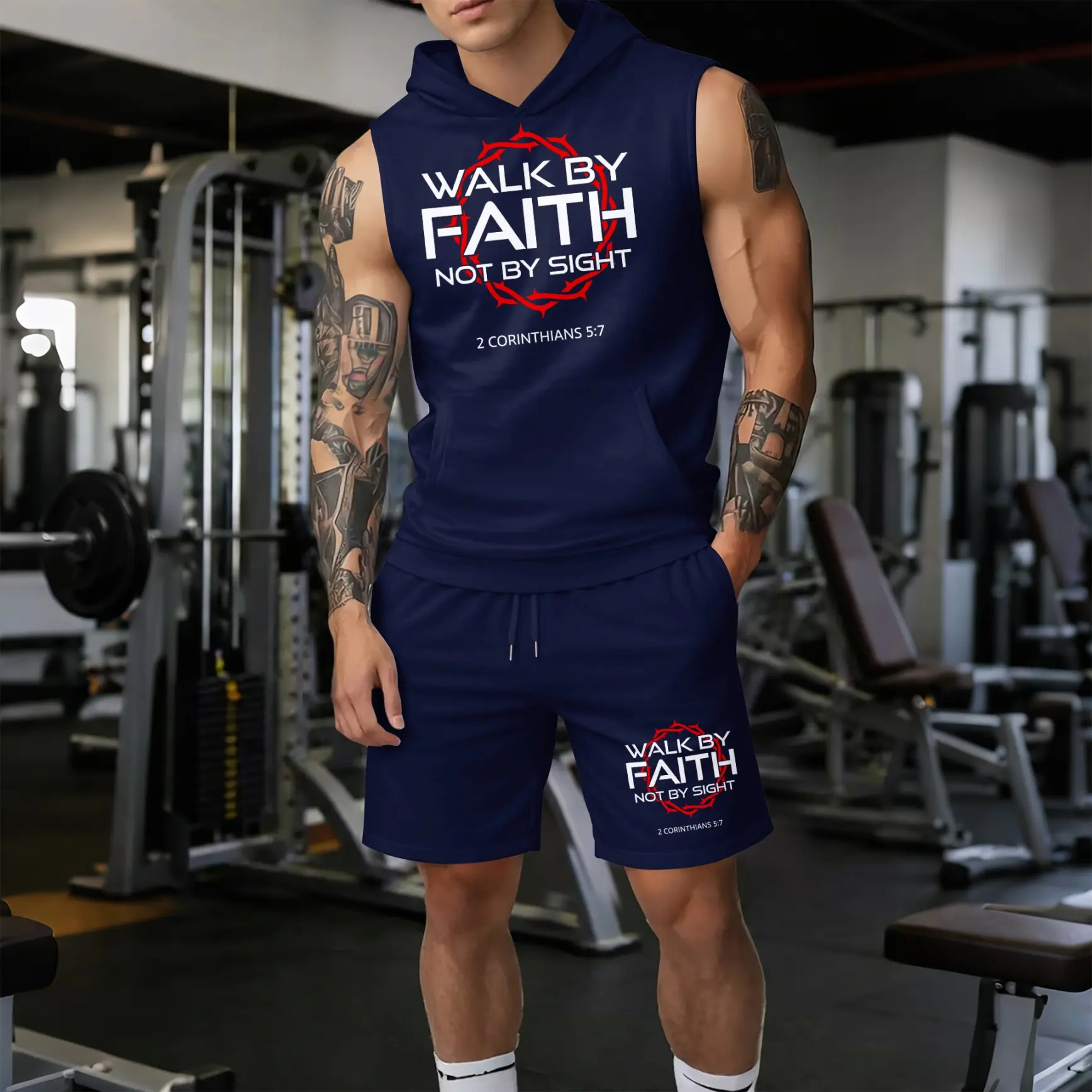 Men’s Faith Graphic Sleeveless Hoodie & Shorts Set – “Walk by Faith Not by Sight” Bible Verse Print Summer Two-Piece Activewear, Lightweight Breathable Casual Gym Streetwear Outfit