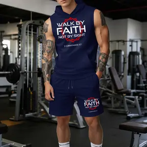 Men’s Faith Graphic Sleeveless Hoodie & Shorts Set – “Walk by Faith Not by Sight” Bible Verse Print Summer Two-Piece Activewear, Lightweight Breathable Casual Gym Streetwear Outfit