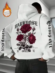 Men's Gothic Style Floral Print Fleece Hoodie, Casual Fitted Long Sleeve Pullover, Unisex Fall & Winter Fashion, Menswear Must-Have Wardrobe Item