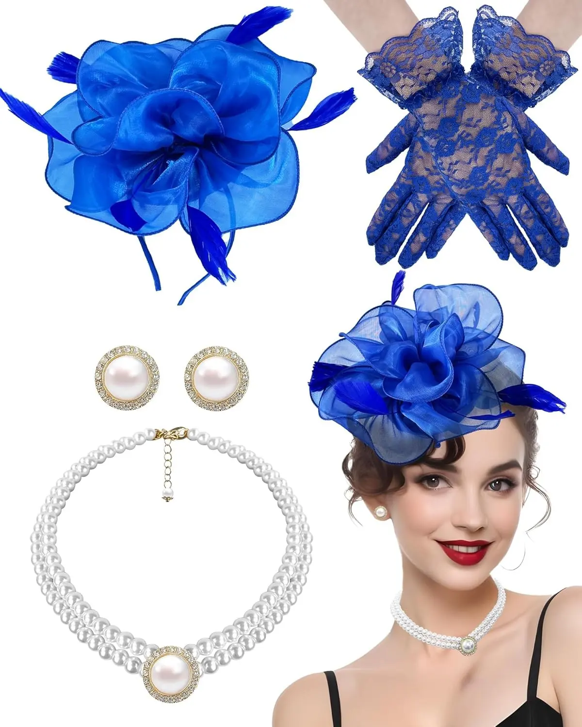 Tea Party Fascinator Hat for Women Tea Party Headwear Lace Gloves Pearl Jewelry Set Wedding Cocktail