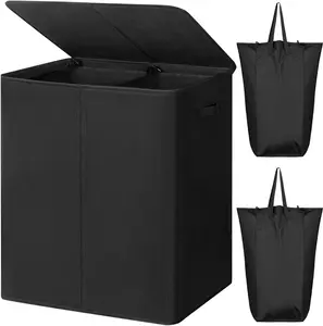 154L Double Laundry Hamper with Lid and Removable Laundry Bags, Large 2 Section Collapsible Dirty Clothes Laundry Basket, Storage for Bedroom Bathroom College Dorm Room, Black