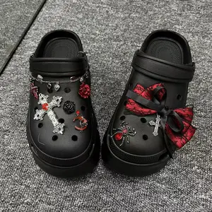 8cm Red Flower Punk Gothic Style High Heel Sandals Shoes for Women 2025 New Female Fashion Outfit Clogs