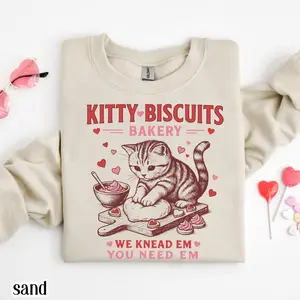Valentines Cat Sweatshirt Kitty Biscuits Bakery Sweater Funny Vday Cat Lover Pullover Cute Kitten Baking Cookies Love Crewneck Girlfriend