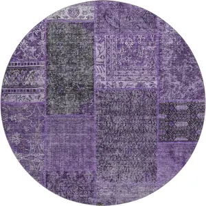 HomeRoots 655430 8 ft. Eggplant & Gray Patchwork Washable Round Area Rug with UV Protection