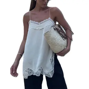 Women Chiffon Lace Patchwork Cami tops Spaghetti Strap Lace Trim Side Split Camisole Shirt Elegant Top Y2k Cute Going out Tops