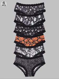 Women's Mushroom Print Low Waist Briefs Set of 6, Lace Trim Soft Fabric, Casual Fitted Underwear for All Seasons, Breathable Comfy Panties, Casual Breathable Knicker