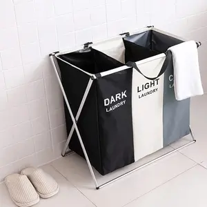 Foldable Laundry Cloth Hamper Sorter Basket Bin with Sturdy Aluminum Frame 3 Sections for Easy Organization Dark Light Laundry Organizer