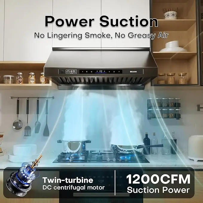 Brano 36-In Under Cabinet/Wall Mount Range Hood with PVD Titanium Armor, Dual DC Centrifugal Motors, 6-Speed Voice & Gesture Hands-Free Control, 1200 CFM Smoke Removal, LED Light, US Plug, 8-In Round Duct, Grease Filter, Manufacturer Warranty