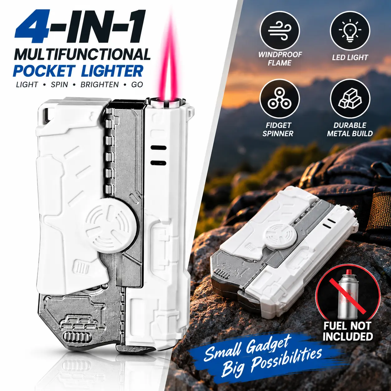 Windproof Butane Lighter with Fidget Spinner, Foldable Metal Pocket Lighter, Compact Refillable Design, Portable Everyday & Outdoor Accessory for Men, Fuel Not Included