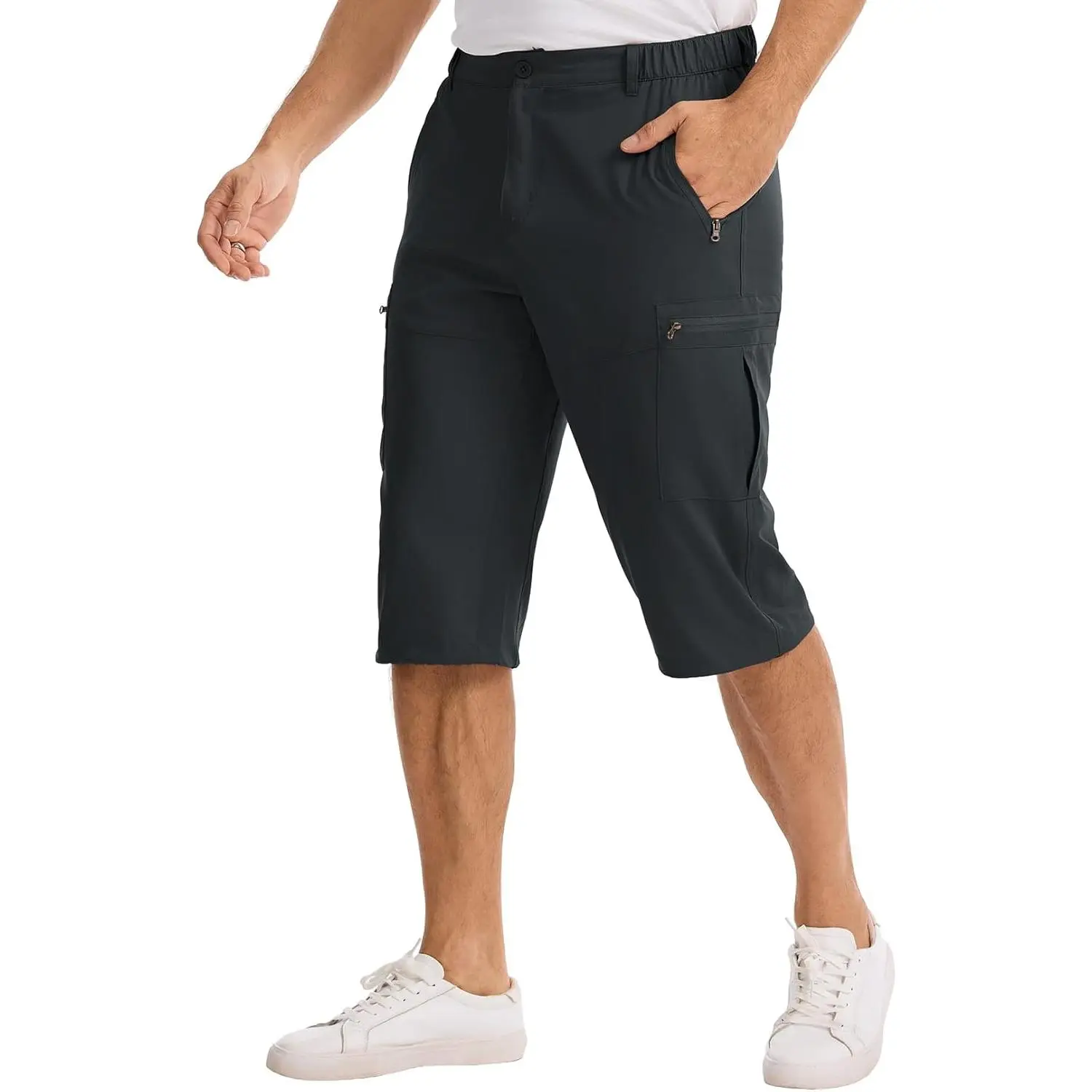 Male 3/4 Length Stretch Cargo Capri Pants - Button, Elastic Belted Adjustable Waist, 1 Back Pocket, 10% Spandex Nylon Blend, Zip Pockets, Quick Dry, Breathable, Above the Knee, Outdoor Hiking Casual Bottoms, Expandable Waistband With Belt Loops