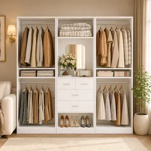 Modular Wood Closet System, Modern Clothes Armoire Walk-in Closet Organizer Wardrobe Cabinet with Drawers and Adjustable Shelves for Bedroom Furniture