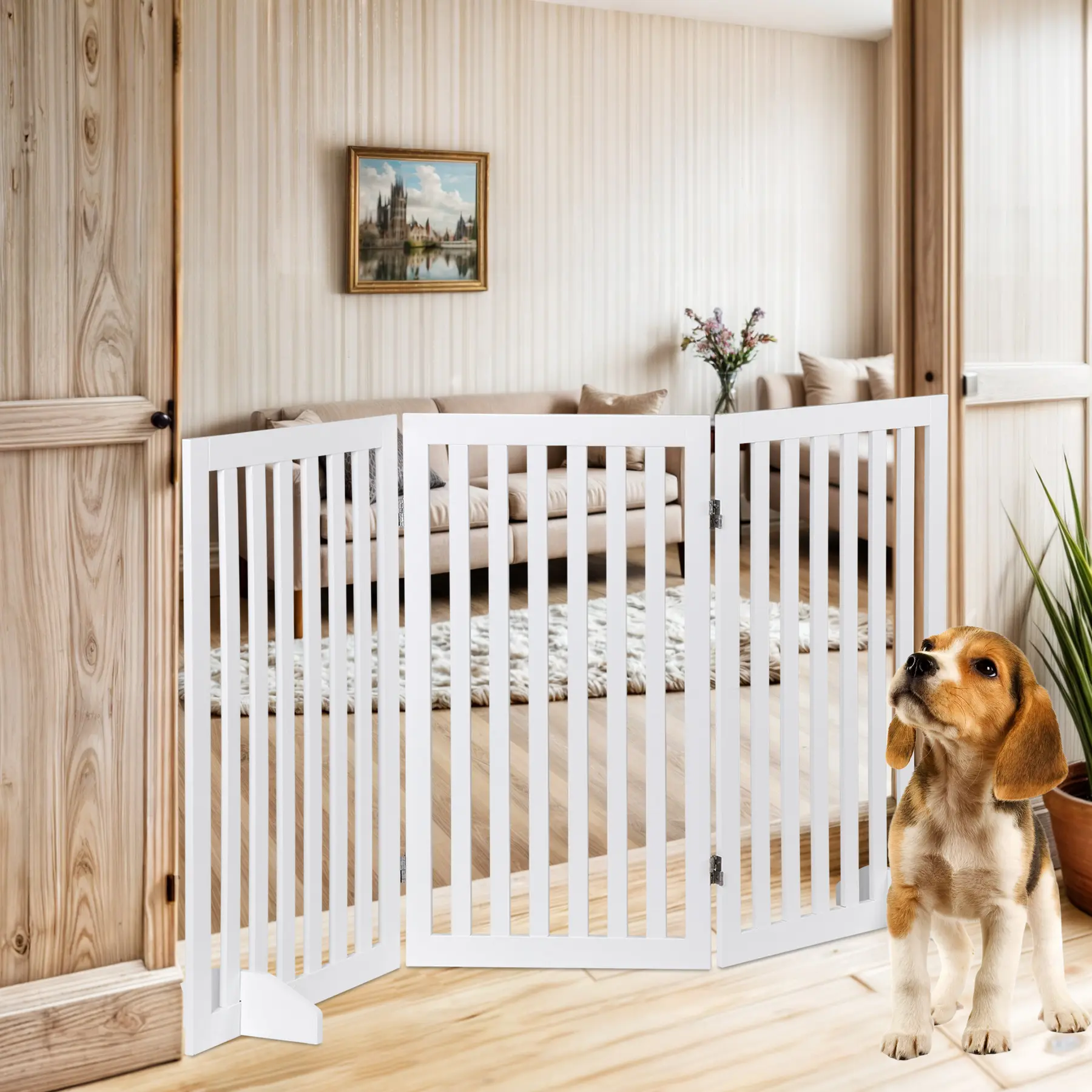 Segawe Folding 3-Panel Pet Containment Gate - MDF+Metal Z-Shaped Foldable Indoor Dog Fence for Home Entryway Doorway, White,summerwins