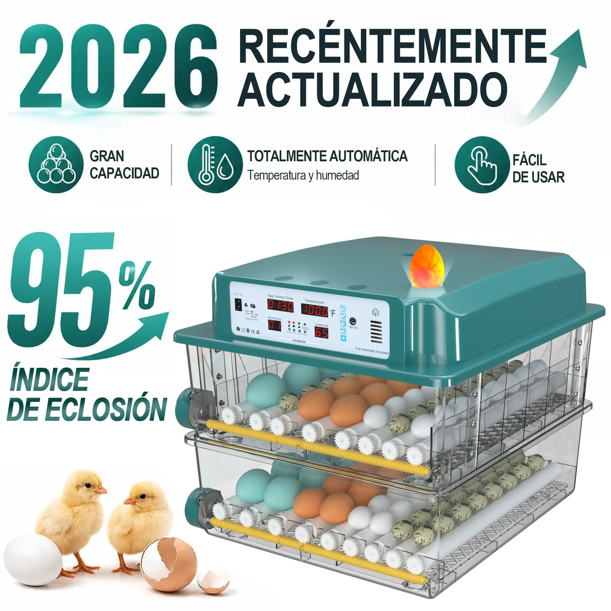 Incubadora Automática Inteligente 2026 de Alta Capacidad - Hatcher Digital con Control de Temperatura y Humedad para Todo Tipo de Aves (Pollo, Pato, Codorniz)