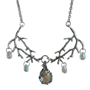 Witchy Gothic Branch Charm Pendant Necklace - Iridescent Moonstone Inlay, Thoughtful Gift for Wives