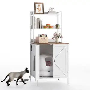 70" Hidden Cat Litter Box Furniture –Fits Smart Litter Boxes Up to 26"×28"×31", Built-in Power Outlet, Large Storage Shelves, Modern Cat Enclosure for Living Room
