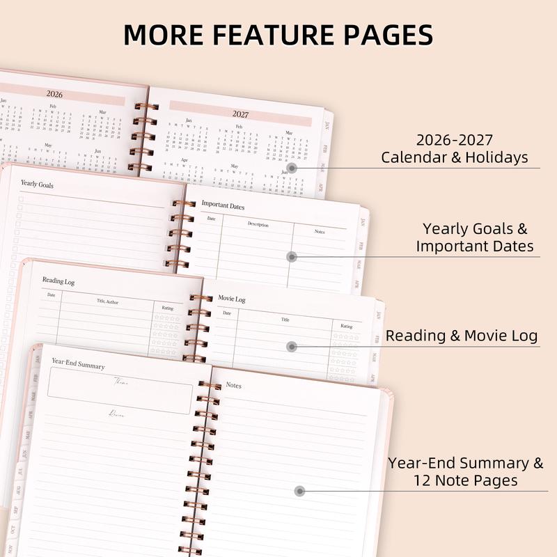 2026 Planner - Weekly and Monthly Planner Spiral Bound, Jan 2026 - Dec 2026, Hardcover Planning Agenda book with Tabs, Inner Pocket, Aesthetic, Academic, Planner Notebook, Perfect for Office Home School Supplies