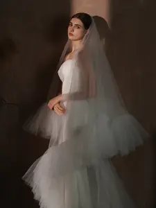 Dreamy tulle wedding veil mantilla veil with comb, ruffled edge ivory wedding veil, chapel length double layered tulle veil, wedding veil with blusher