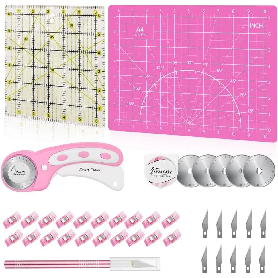 39 count Rotary  Set Pink - Quilting Kit incl. 45mm Fabric  with 5 Extra , A4  Mat, Craft  Set, Quilting Ruler and Sewing Clips, Ideal for Crafting, Sewing, Patchworking