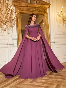 Elegant Women's Round Neck Chiffon Formal Evening Dress, Ruffled Sequined Beaded Patchwork Design, Belted A-Line Maxi Gown for Special Occasions