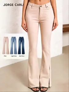 Jorge Carli Women's High Elastic Denim Jeans, Trendy Split Ankle Design, Low Waist Fitted Flare Pants, Casual Style Long Jeans