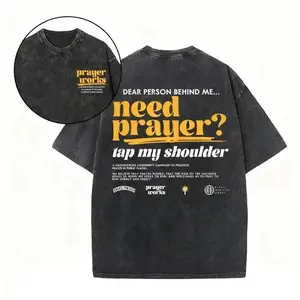 Men's Guiding Cross "Need Prayer Tap My Shoulder" Short-Sleeve Round Neck Christian T-Shirt - 100% Soft Cotton Lightweight Vintage Acid Washed Oversized Gym Tee, Double Printed Faith Bible Verse Graphic Casual Top, Shortsleeve