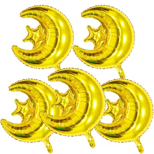 5count Gold Eid Moon Star Balloons Ramadan Balloons Eid Al Fitr Mylar Foil Balloons for Ramadan Eid Mubarak Party Decor Supplies