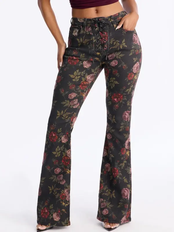 Vida Floral Lace Up Flare Jeans - Black/combo