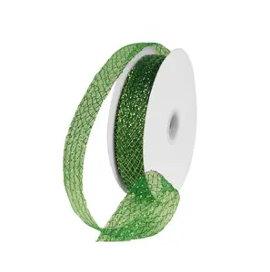 1.5 Inch By 30 Yard Dark Green With Lime Green Foil Deco Flex Ribbon