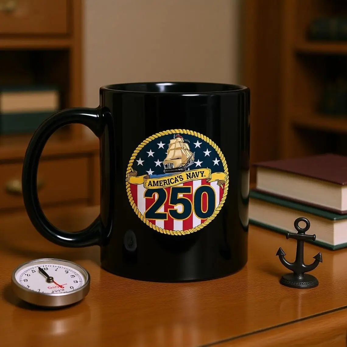 America’s Navy Two-Hundred-Fiftieth Anniversary Mug, Bold Black Patriotic Design with Historic Ship & Shield Emblem, Perfect Military Gift for Sailors, Veterans & Navy Families