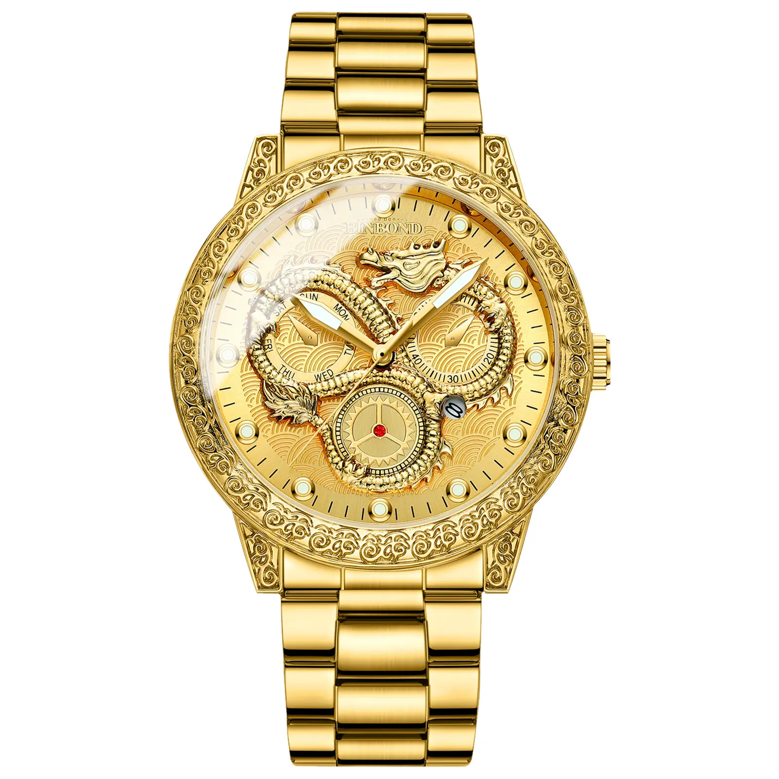 OIDEA Luxury Gold Dragon Men's Analog Quartz Jewelry Watch - Stainless Steel Strap, Waterproof, Luminescent Hands, Hollow Scale, Date Function, Business Dress Wristwatch summerwins,summerwins