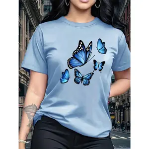 100% Cotton T-Shirt with Butterfly Pattern, Short Sleeve, Round Neck, Casual Top for Summer and Spring, Lightweight, Soft, and Comfortable Fabric, Women's Clothing, Birthday Gift, Friend Gift, Sister Gift